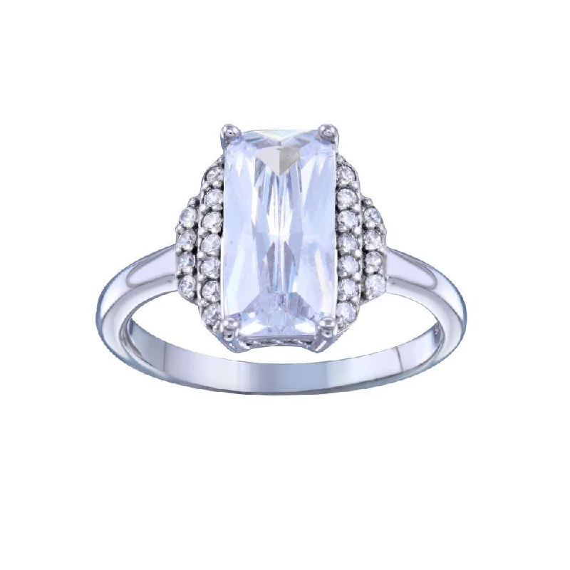 Birthstone Rings for Women-Rhodium Plated 925 Sterling Silver Layered Rectangle Center CZ Bridal Ring - STR01139