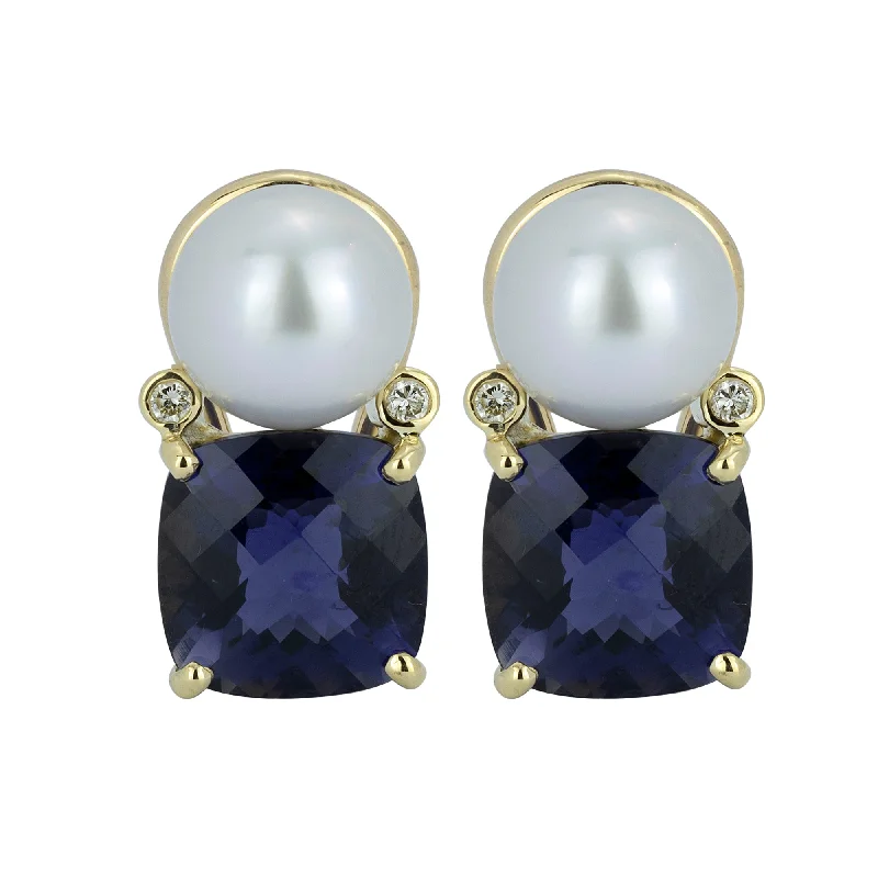 Gold Leaf Earrings-Earrings - Pearl And Iolite With Diamond