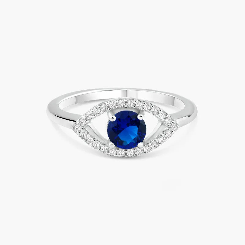 Classic Engagement Ring Bands-Rhodium Plated 925 Sterling Silver Open Evil Eye Ring with Blue Center Stones - BGR01360