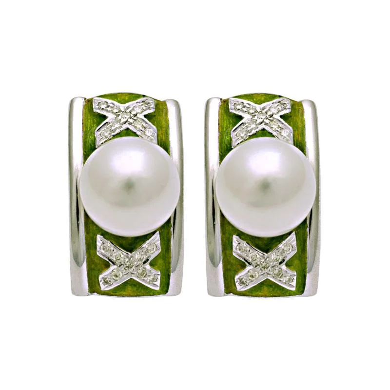 Vintage Style Stud Earrings-Earrings-South Sea Pearl and Diamond (Enamel)  (198AS)