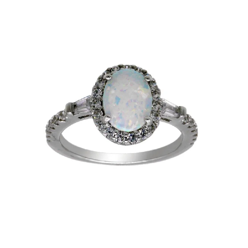 Designer Diamond Rings-Rhodium Plated 925 Sterling Silver Oval Halo Opal CZ Ring - BGR01304