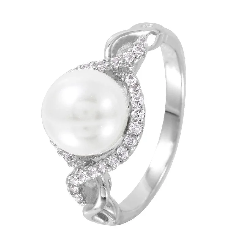 Bold Silver Rings-Silver 925 Rhodium Plated CZ Accented Faux Pearl Ring - BGR01000