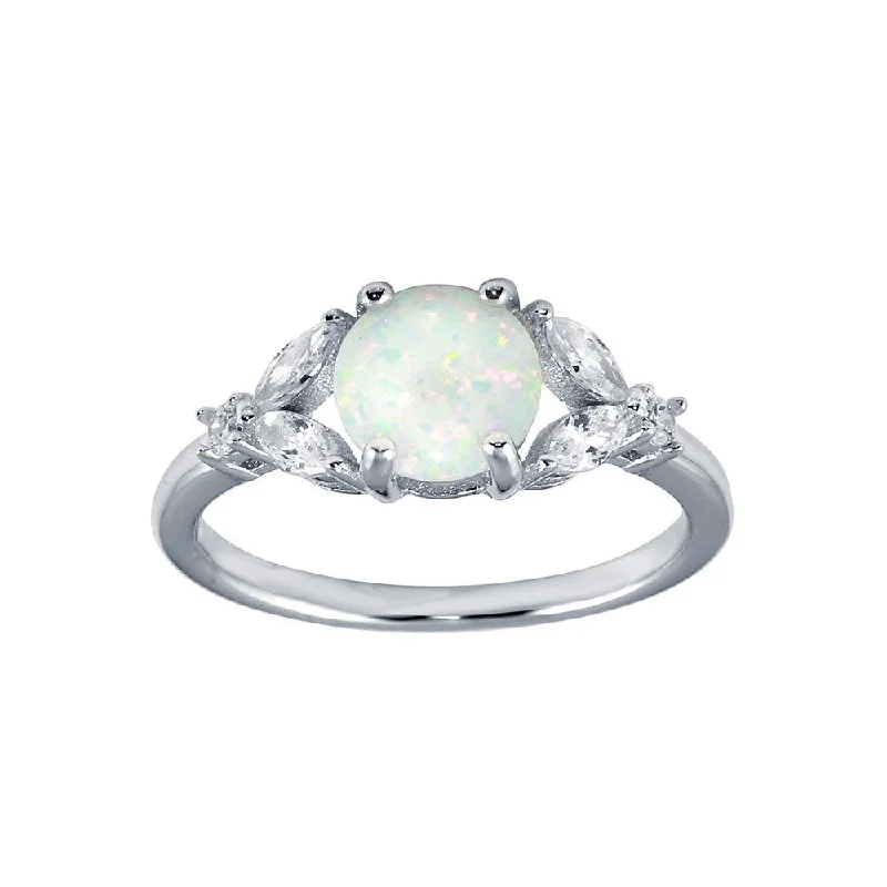 Beautiful Wedding Rings-Rhodium Plated 925 Sterling Silver Flower Shank Opal Stone Ring with CZ - BGR01290