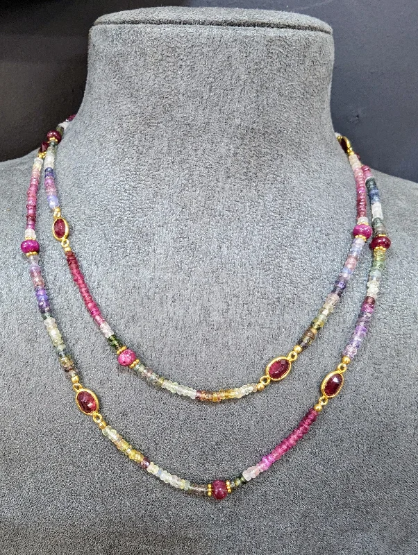 Luxurious Silver Necklaces-92cm 18ct Gold Vermeil Sapphire and Ruby Long Necklace