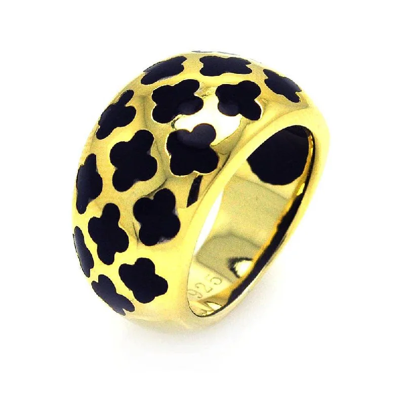 Fashionable Gemstone Wedding Rings-Clearance-Sterling Silver Gold Plated Black Enamel Clover Ring - STR00665