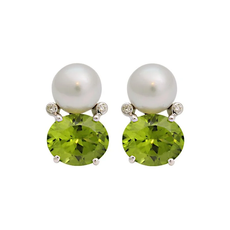 Boho Chic Earrings-Earrings-Peridot, South Sea Pearl and Diamond  (182CS)