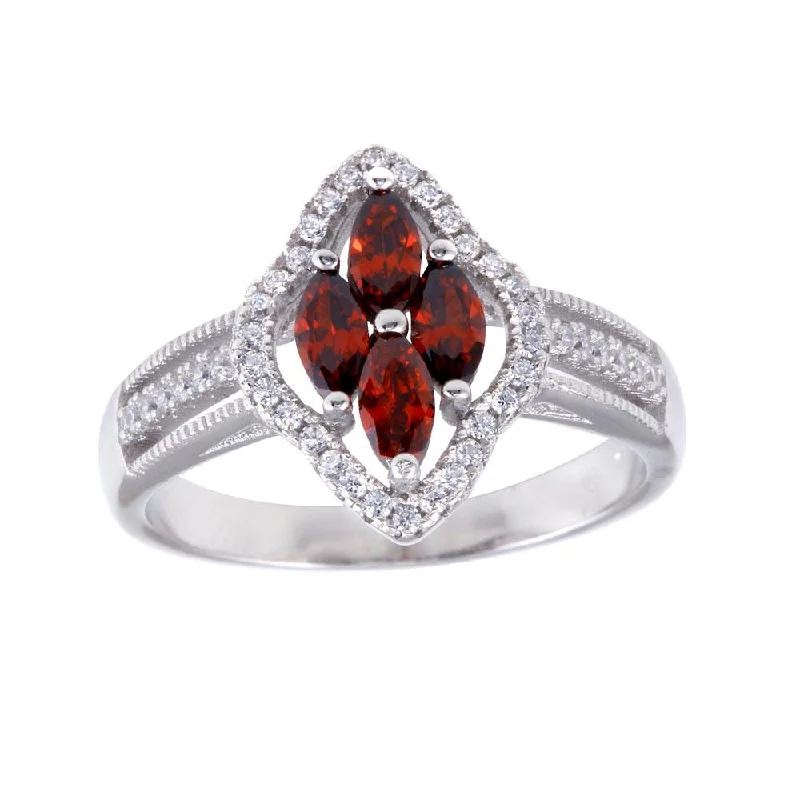 Fashion Rings for Men-Rhodium Plated 925 Sterling Silver 4 Red Marquise Center CZ Ring - BGR01253RED