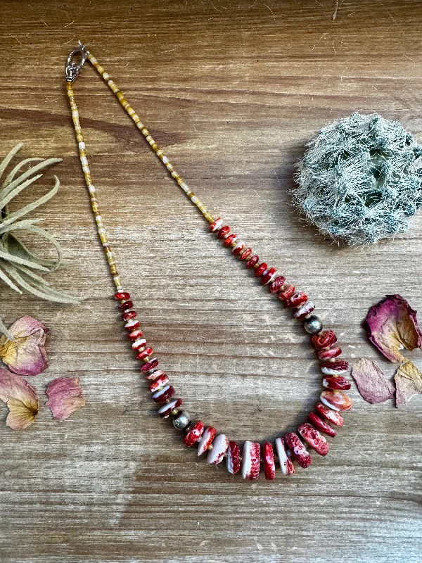 Wedding Gold Necklaces-22 Inch orange spiny and sterling silver pearls