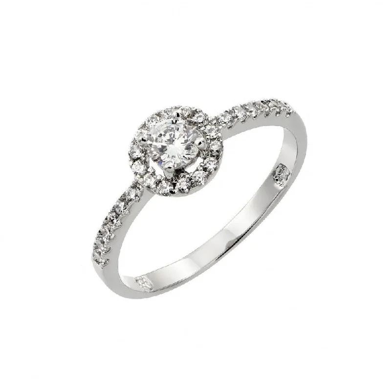 Luxury Engagement Rings-Silver 925 Rhodium Plated Clear Round CZ Bridal Ring - BGR00831