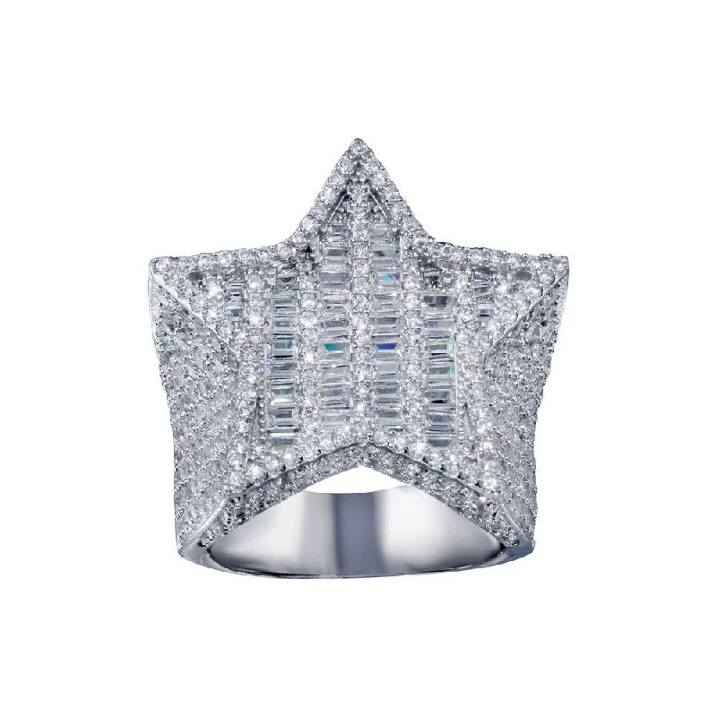 Unique Wedding Rings-Rhodium Plated 925 Sterling Silver CZ Encrusted Star Ring  - SLR00002