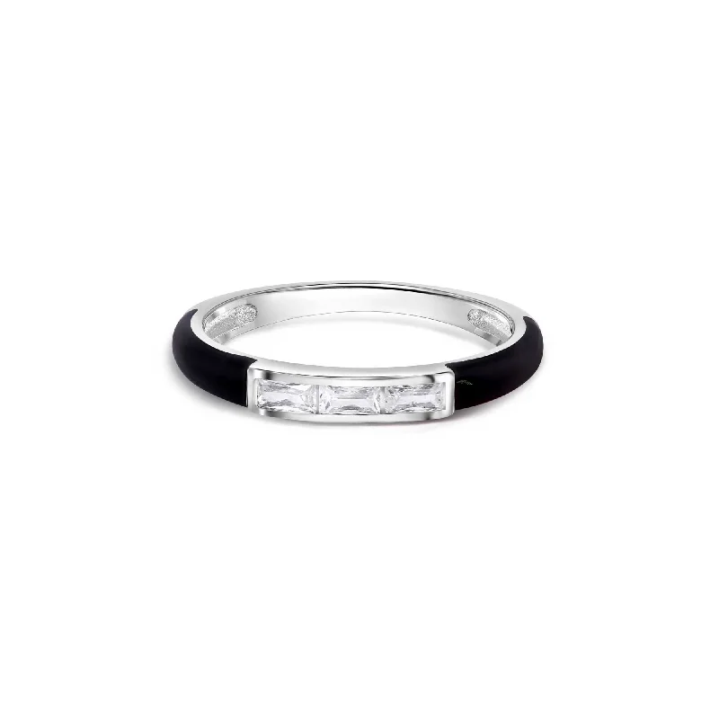 Elegant Engagement Rings-Rhodium Plated 925 Sterling Silver Clear Black Enamel Baguette CZ 2.5mm Ring - BGR01373