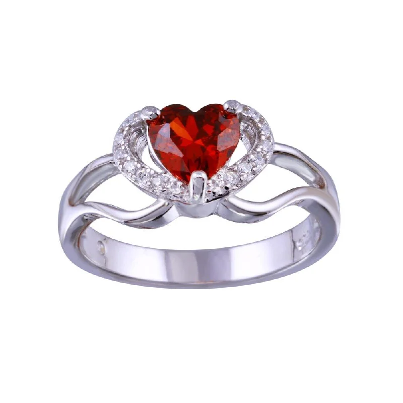 Designer Wedding Ring Sets-Rhodium Plated 925 Sterling Silver Heart Red and Clear CZ Ring - BGR01344