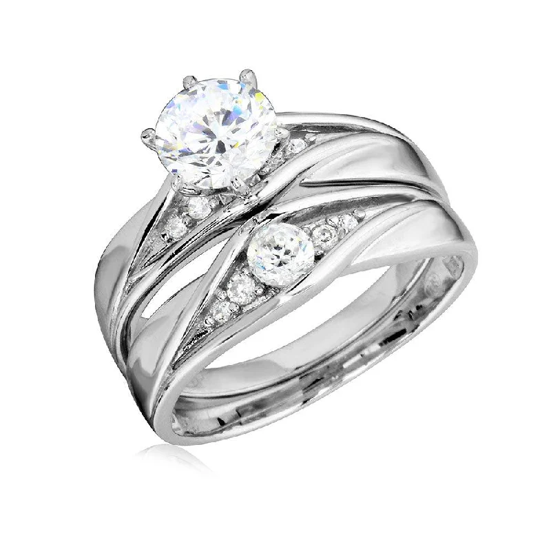 Vintage Style Diamond Rings-Rhodium Plated 925 Sterling Silver Round CZ Center Stone Wedding Ring - GMR00184