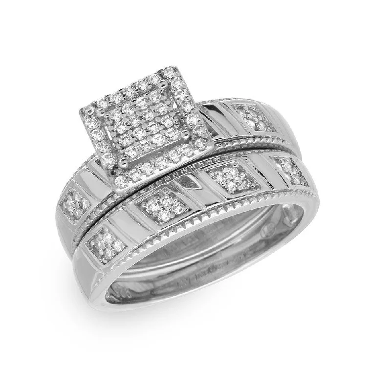 Bridal Diamond Rings-Silver 925 Rhodium Plated Square Pave Center Trio Bridal Ring - GMR00158