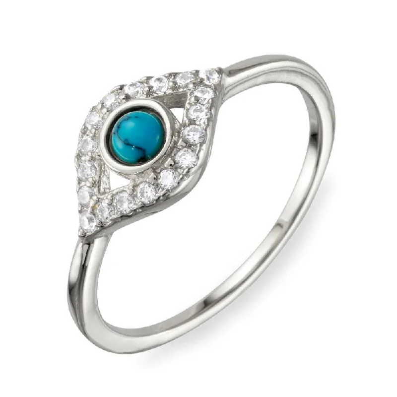 Sparkly Engagement Rings-Rhodium Plated 925 Sterling Silver Evil Eye CZ Ring with Turquoise Bead - BGR01109RH