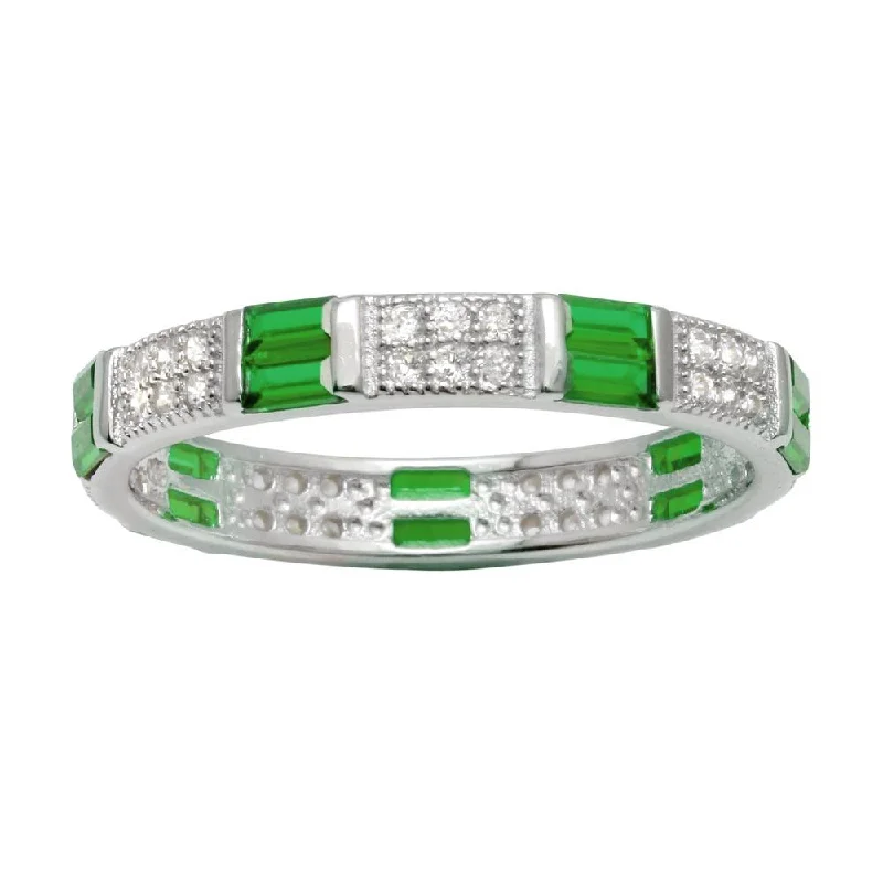 Silver Engagement Rings-Rhodium Plated 925 Sterling Silver Pattern Eternity Ring with Green and Clear CZ - BGR01177GRN