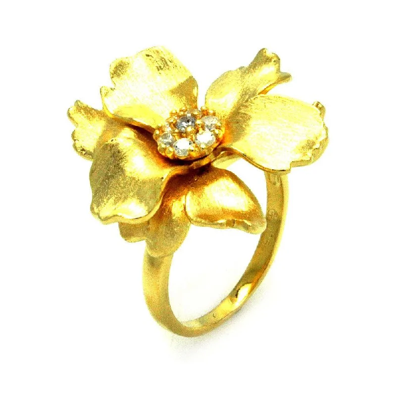 Simple Engagement Rings-Clearance-Silver 925 Gold Plated Matte Finish Clear CZ Flower Ring - STR00881