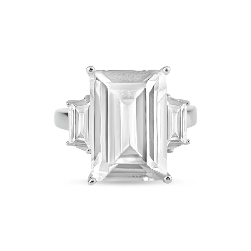 Classic Gold Rings-Rhodium Plated 925 Sterling Silver Clear Baguette and Rectangular Center CZ Bridal Ring - BGR00427