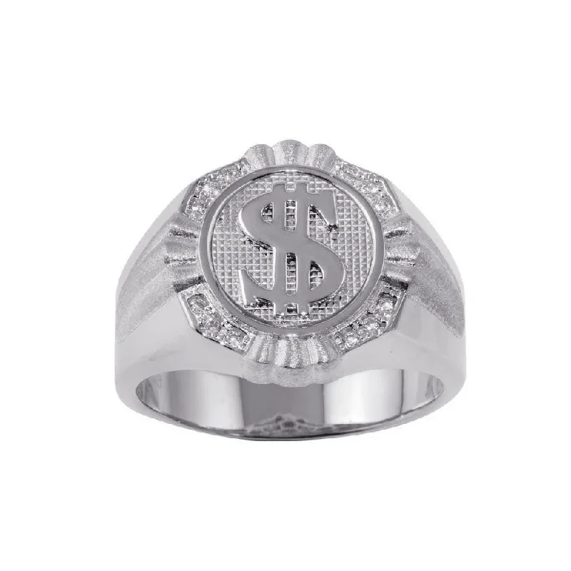 Modern Diamond Rings-Rhodium Plated 925 Sterling Silver Dollar Sign Ring with CZ - GMR00246RH