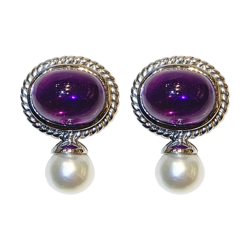 Sparkling Drop Earrings-Earrings- Amethyst and Pearl in Silver