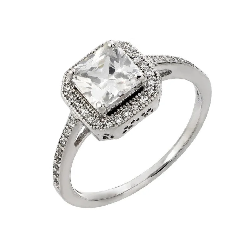 Custom Wedding Ring Sets-Silver 925 Rhodium Plated Clear Cluster Square Cut CZ Bridal Ring - STR00933