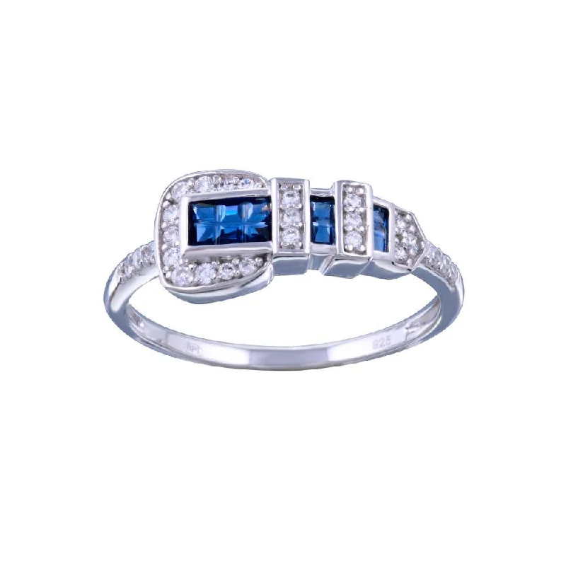 Bohemian Style Rings-Rhodium Plated 925 Sterling Silver Blue and Clear CZ Belt Ring - GMR00319BLU