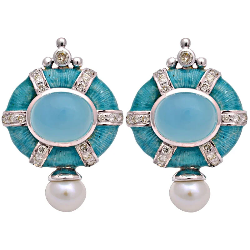 Colorful Earrings for Women-Earrings-Chalcedony, Fresh Water Pearl and Diamond (Enamel)