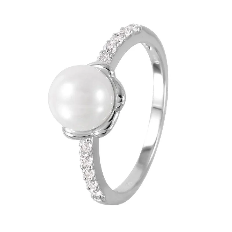 Trendy Wedding Bands-Silver 925 Rhodium Plated Faux Pearl CZ Accent Ring - GMR00056