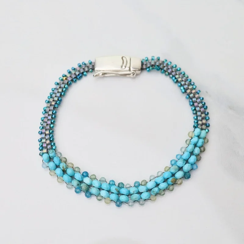 Designer Cuff Bracelets-Hand Woven Soft Bracelet of Turquoise with Shaded Apatite