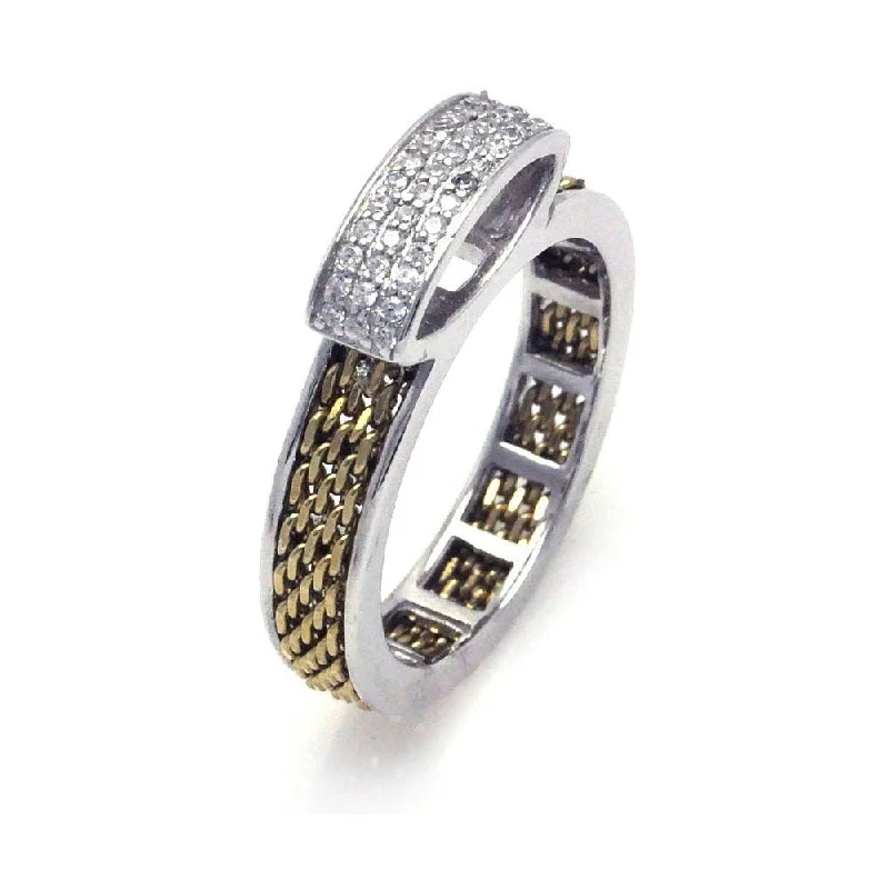 Beautiful Wedding Bands-Clearance-Silver 925 Rhodium and Gold Plated 2 Toned Pave Set Clear CZ Chain Ring - BGR00246